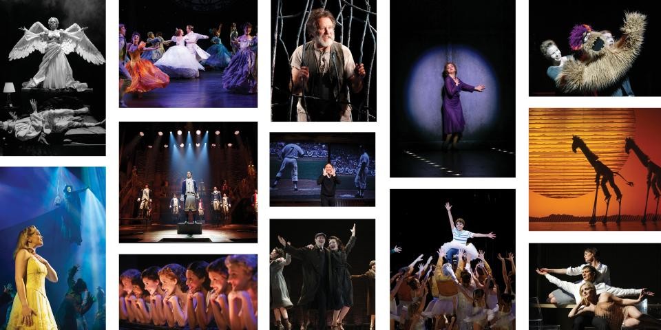 Collage of photographs of people dancing, singing, and posing on stage in costumes.